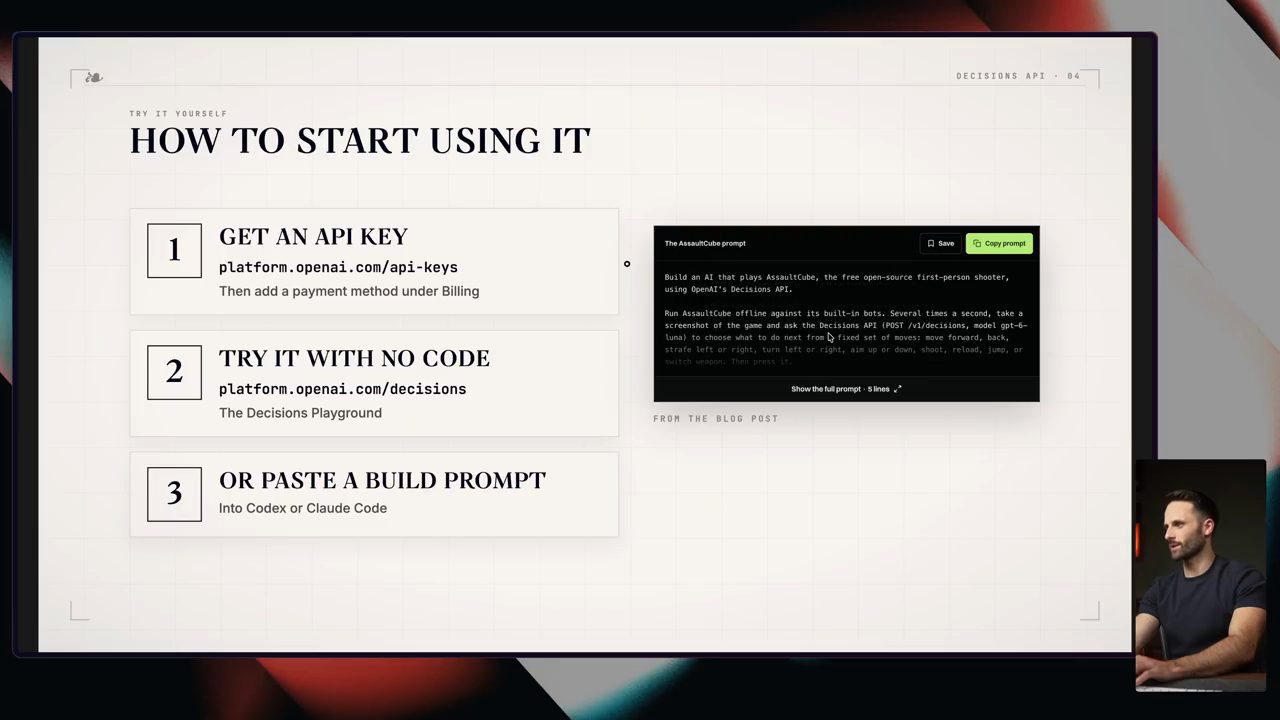 Slide HOW TO START USING IT với ba bước: Get an API key, Try it with no code, Or paste a build prompt
