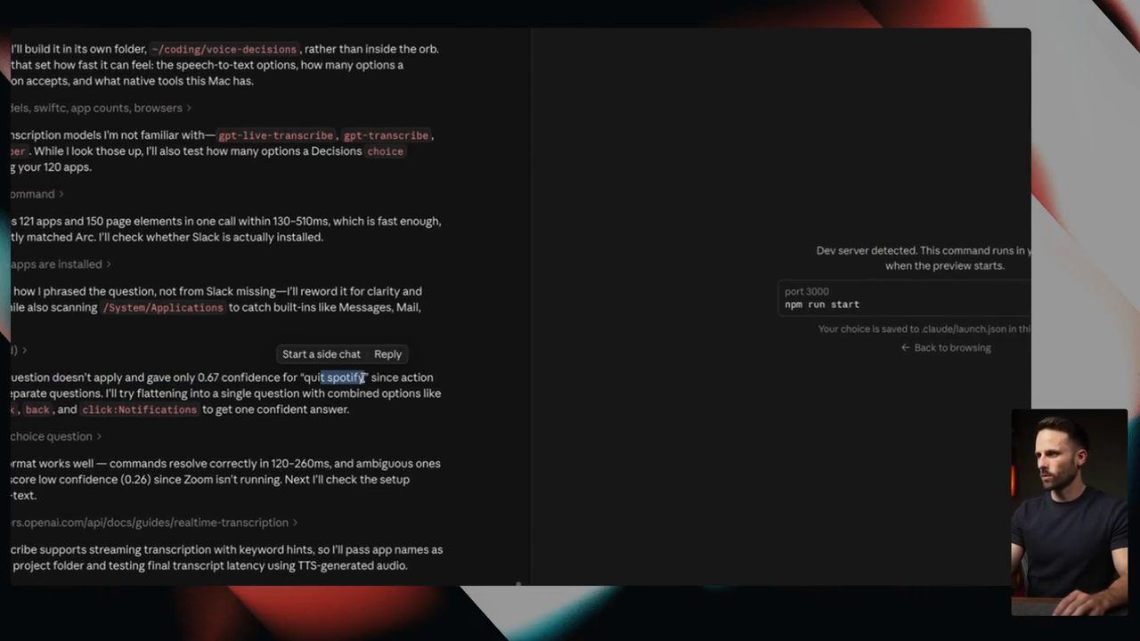 Cửa sổ Claude Code trong lúc build voice control, đoạn quit spotify được bôi đen