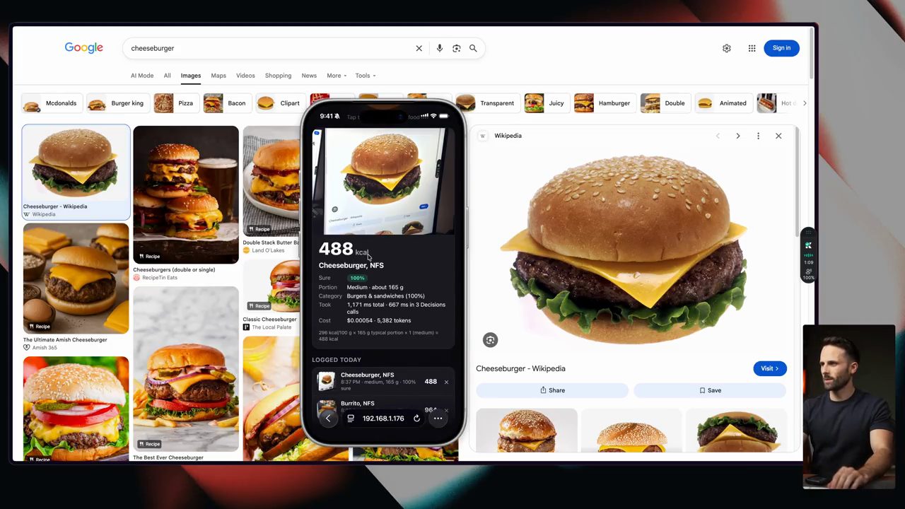 iPhone hiển thị 488 kcal Cheeseburger, NFS, Sure 100%, Medium about 165 g, đặt trên trang Google Images tìm cheeseburger