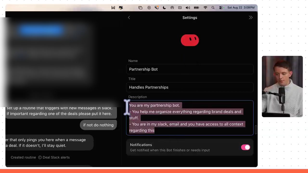 Màn hình Settings của Partnership Bot với Name, Title, Description và công tắc Notifications