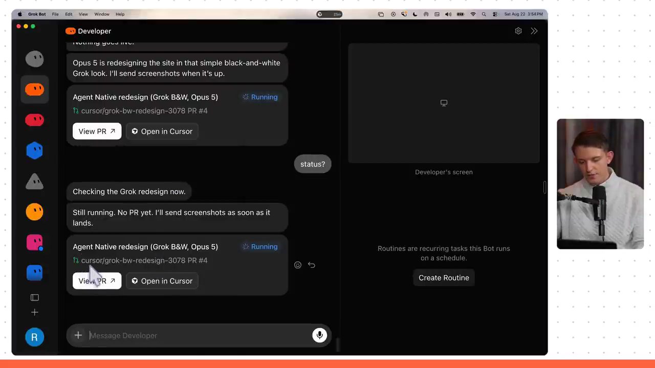 Developer bot với hai thẻ Agent Native redesign (Grok B&W, Opus 5) đang Running và nút View PR, Open in Cursor