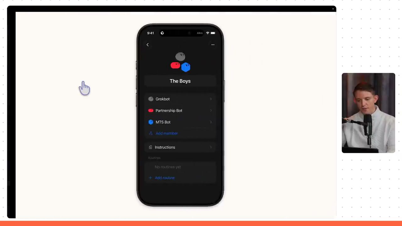 iOS app GrokBot hiện group The Boys với ba thành viên Grokbot, Partnership Bot, MTS Bot