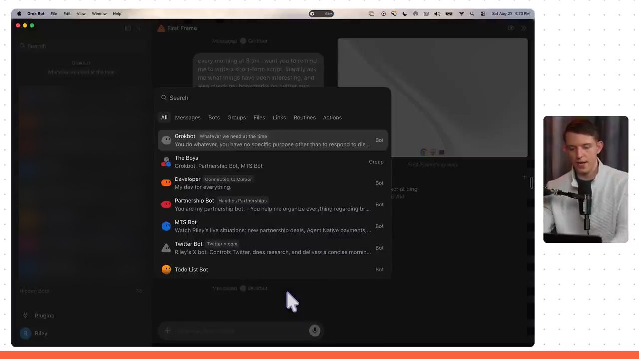 Hộp tìm kiếm Command K với các tab All, Messages, Bots, Groups, Files, Links, Routines, Actions