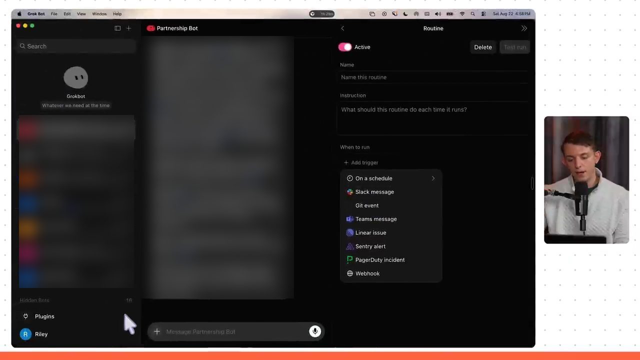 Màn hình tạo Routine với ô Name, Instruction và menu Add trigger