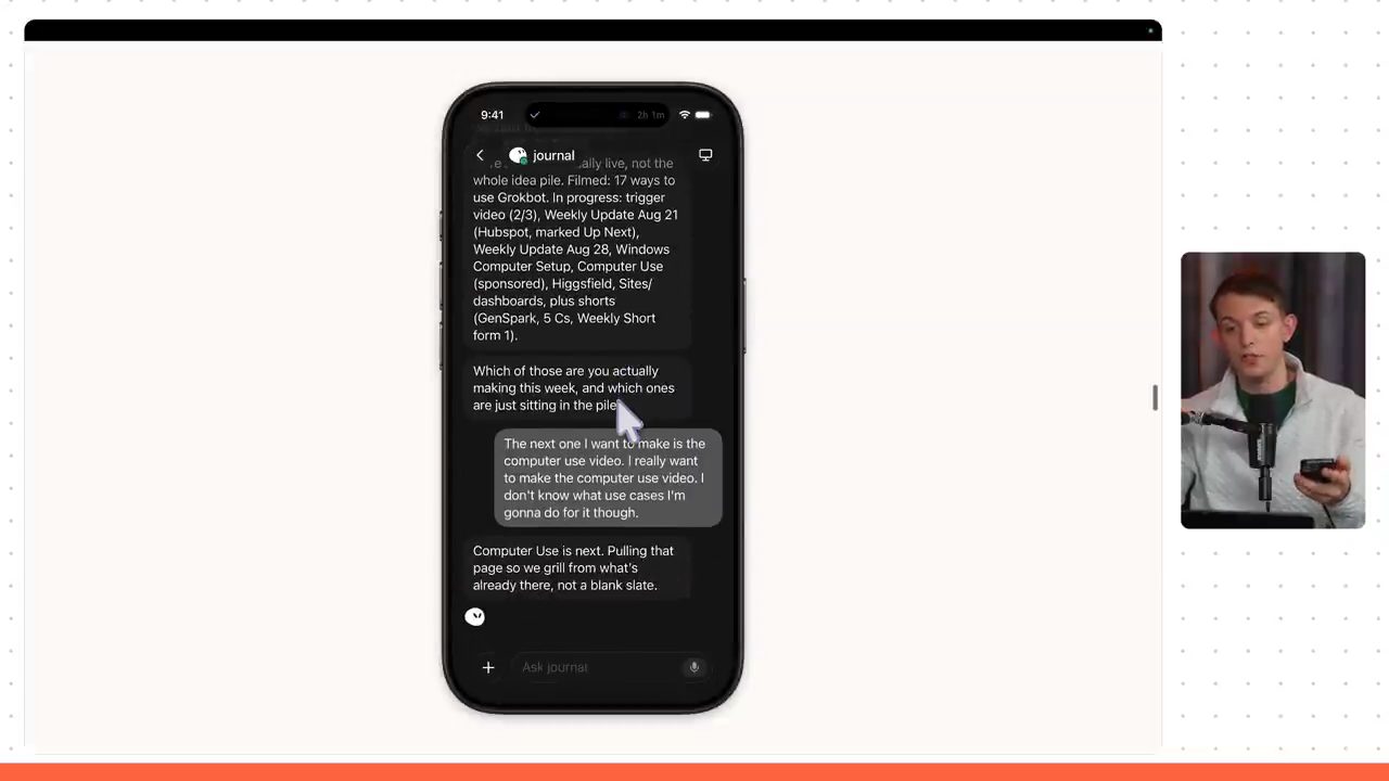 iOS app, bot journal hỏi Riley video nào thật sự đang làm tuần này