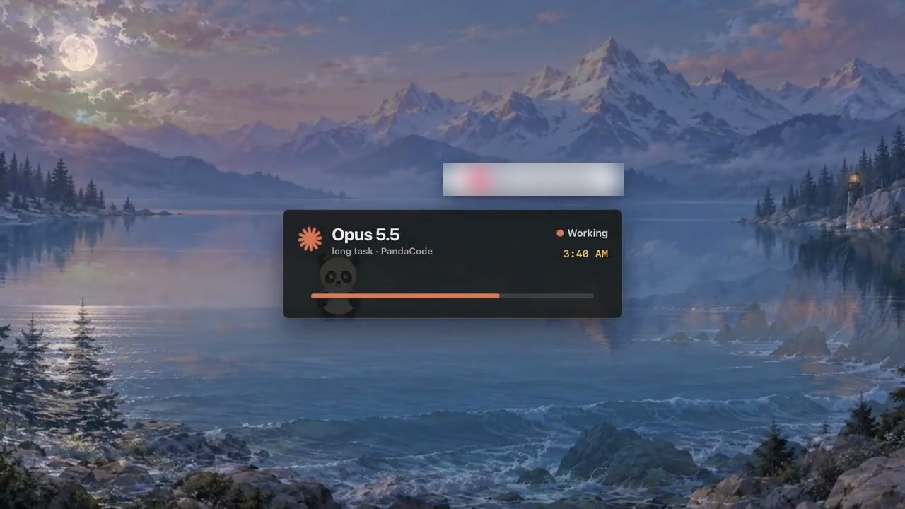 Thẻ Opus 5.5, long task trong PandaCode, trạng thái Working lúc 3:40 AM, trên nền phong cảnh hồ và núi