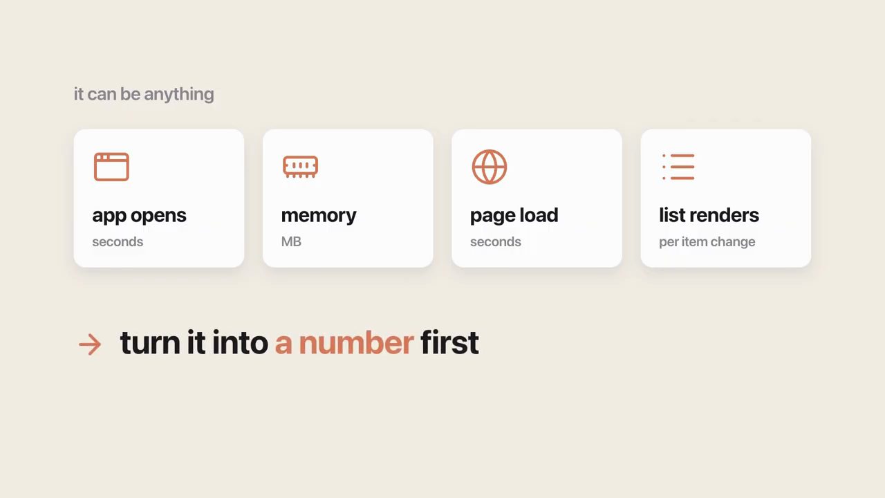 Bốn thẻ app opens, memory, page load, list renders và dòng turn it into a number first