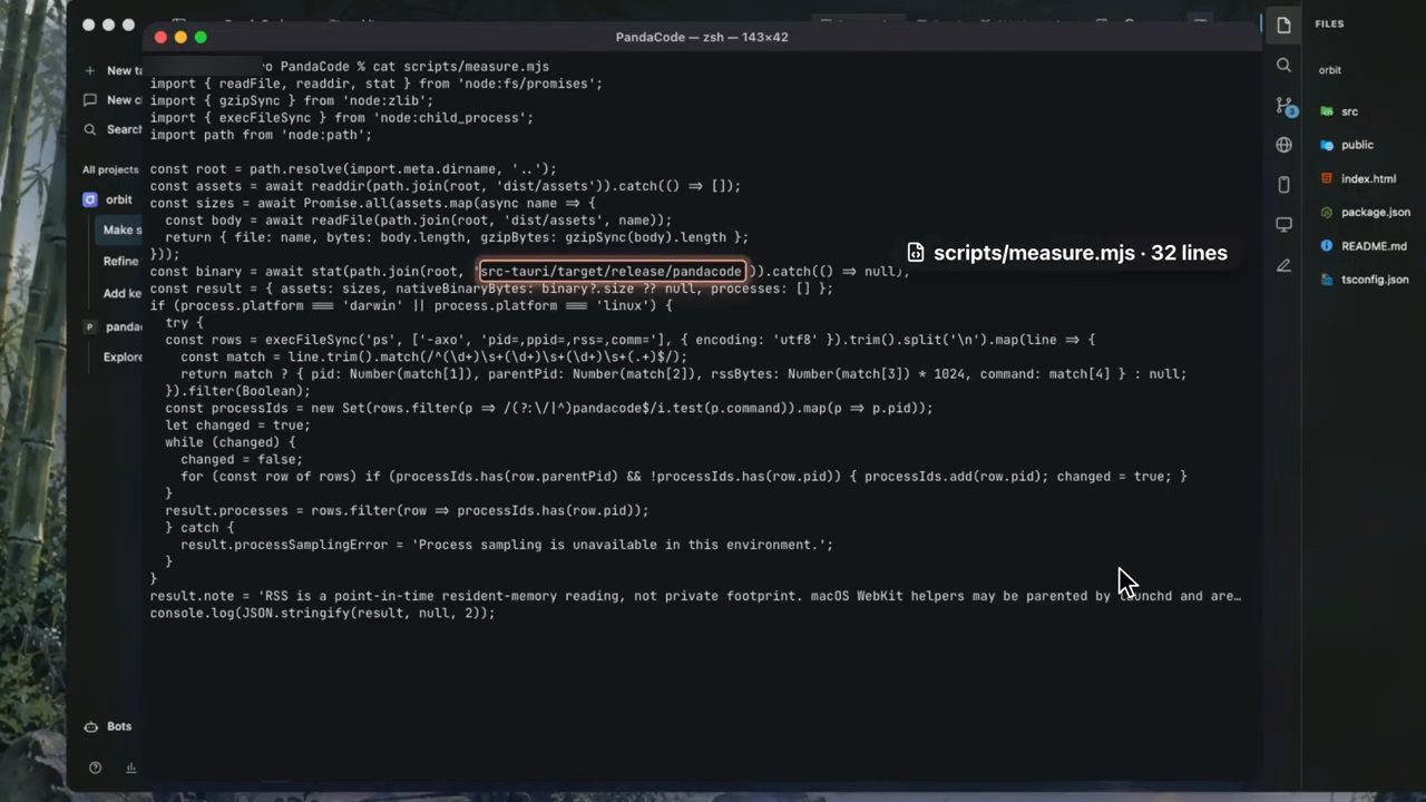 Terminal chạy cat scripts/measure.mjs, một script Node 32 dòng đo kích thước asset, binary và bộ nhớ tiến trình