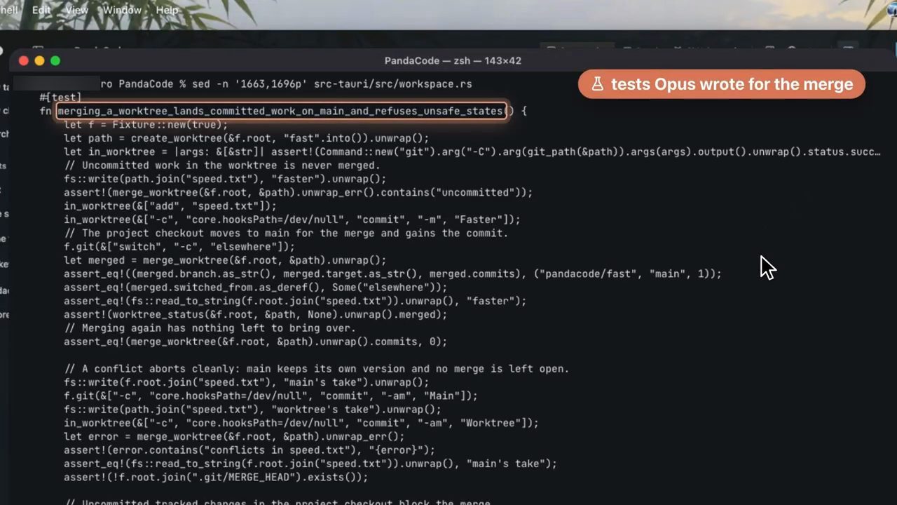 Terminal in một test Rust tên merging_a_worktree_lands_committed_work_on_main_and_refuses_unsafe_states