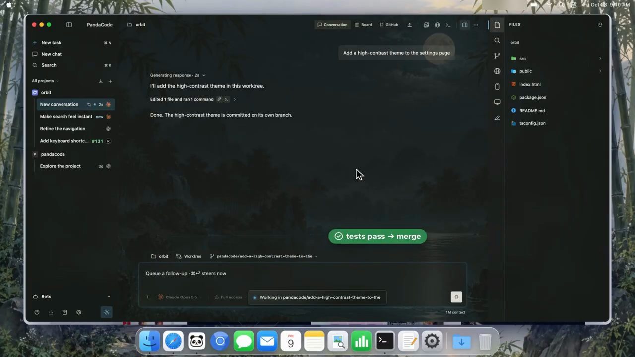 Task trong worktree đã commit high-contrast theme trên branch riêng, nhãn tests pass, merge