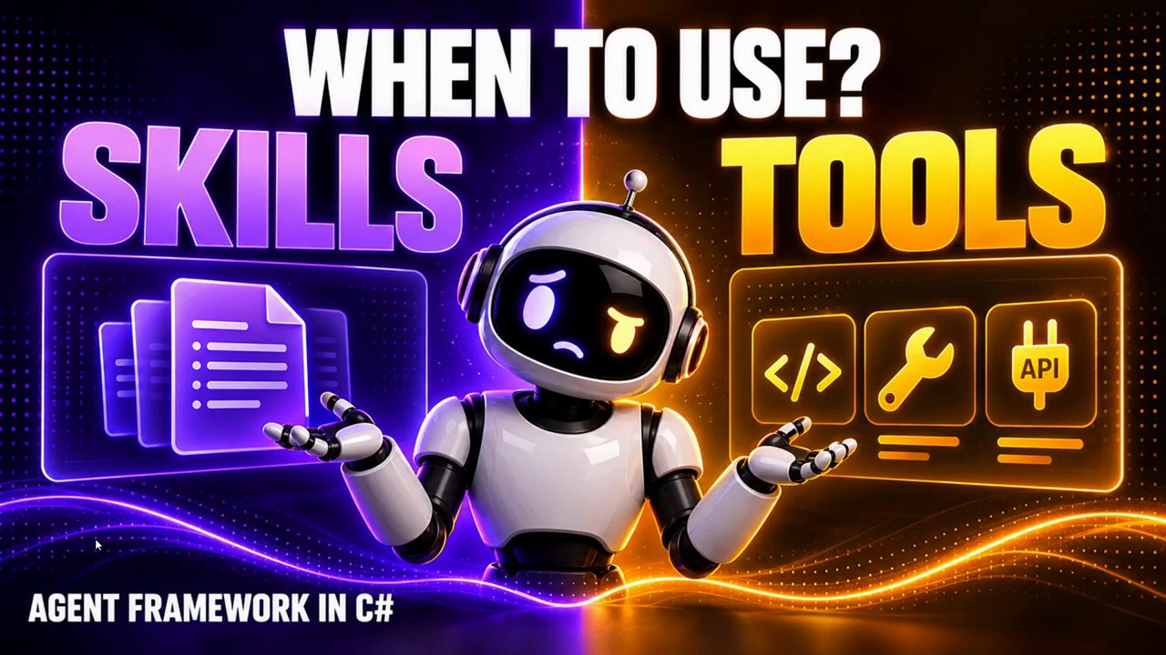 Ảnh bìa: chữ WHEN TO USE? SKILLS TOOLS, một robot đứng giữa, dòng AGENT FRAMEWORK IN C#