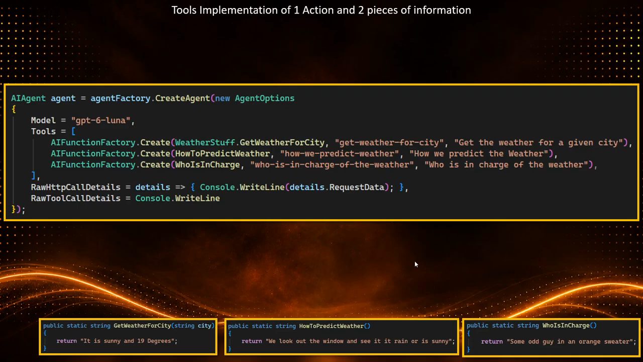 Code C#: CreateAgent với Tools gồm ba AIFunctionFactory.Create và ba hàm GetWeatherForCity, HowToPredictWeather, WhoIsInCharge