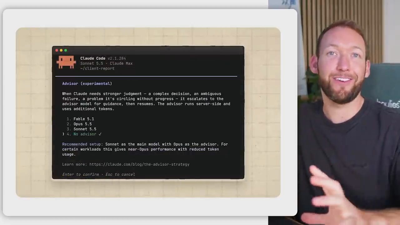 Terminal Claude Code v2.1.284 trên Sonnet 5.5, menu Advisor (experimental) với các lựa chọn Fable 5.1, Opus 5.5, Sonnet 5.5, No advisor