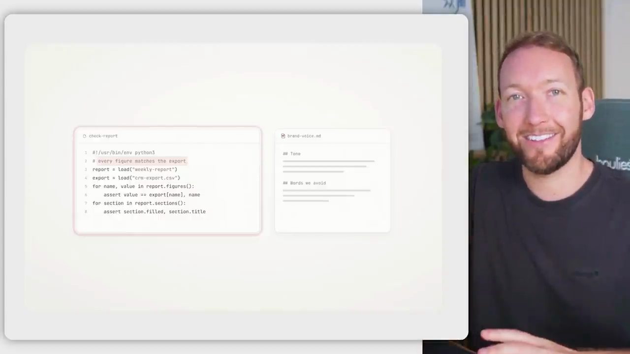 Script check-report bằng Python so từng con số trong weekly-report với crm-export.csv, bên cạnh file brand-voice.md