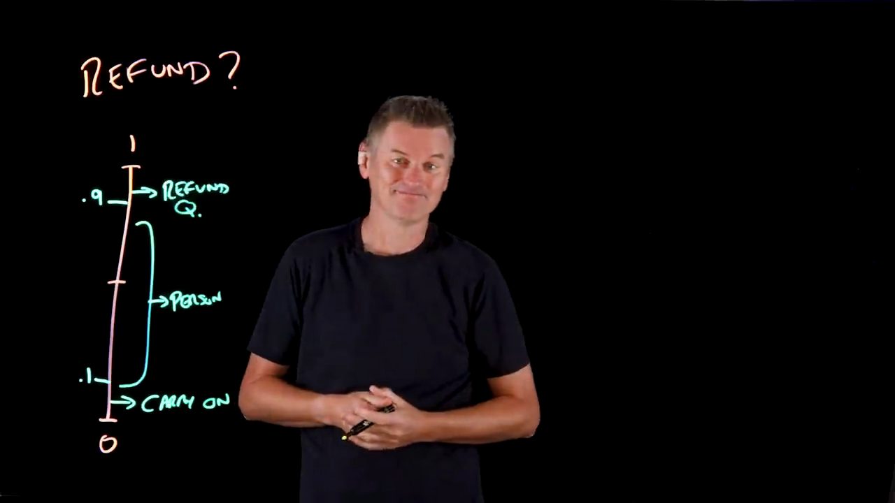 Lightboard: trục dọc Refund? từ 0 đến 1, trên 0.9 là Refund Q., từ 0.1 đến 0.9 là Person, dưới 0.1 là Carry on