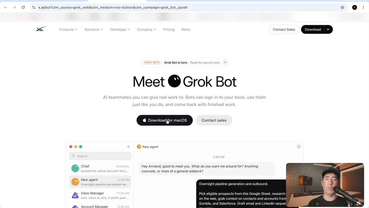 Trang Meet Grok Bot trên x.ai với nút Download for macOS