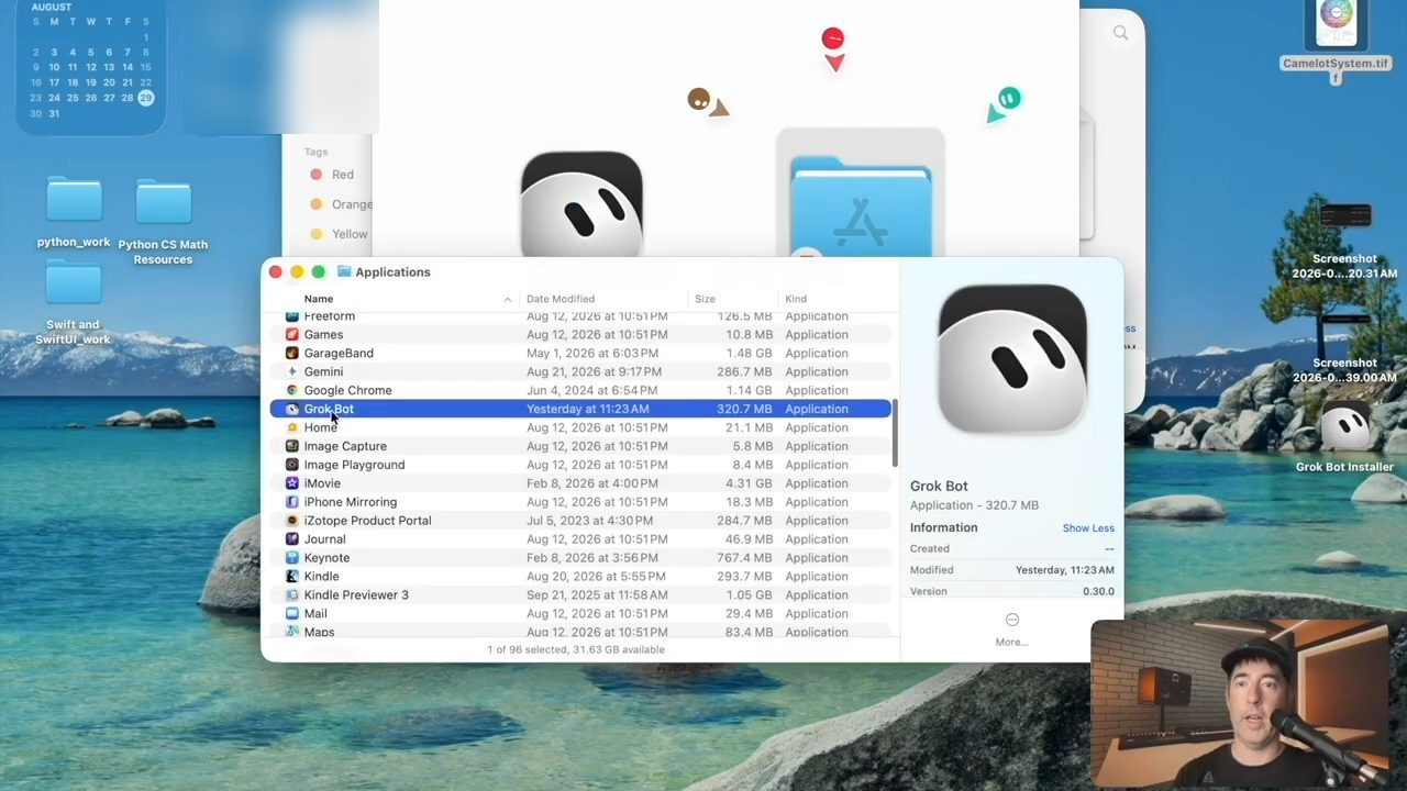 Thư mục Applications trên Mac với Grok Bot đã được cài, phiên bản 0.30.0