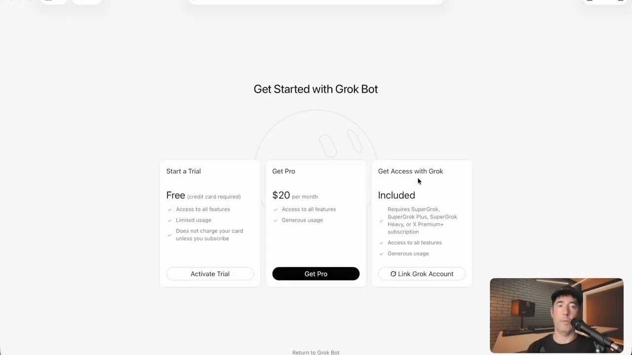 Màn hình Get Started with Grok Bot với ba lựa chọn: trial, Pro, Link Grok Account