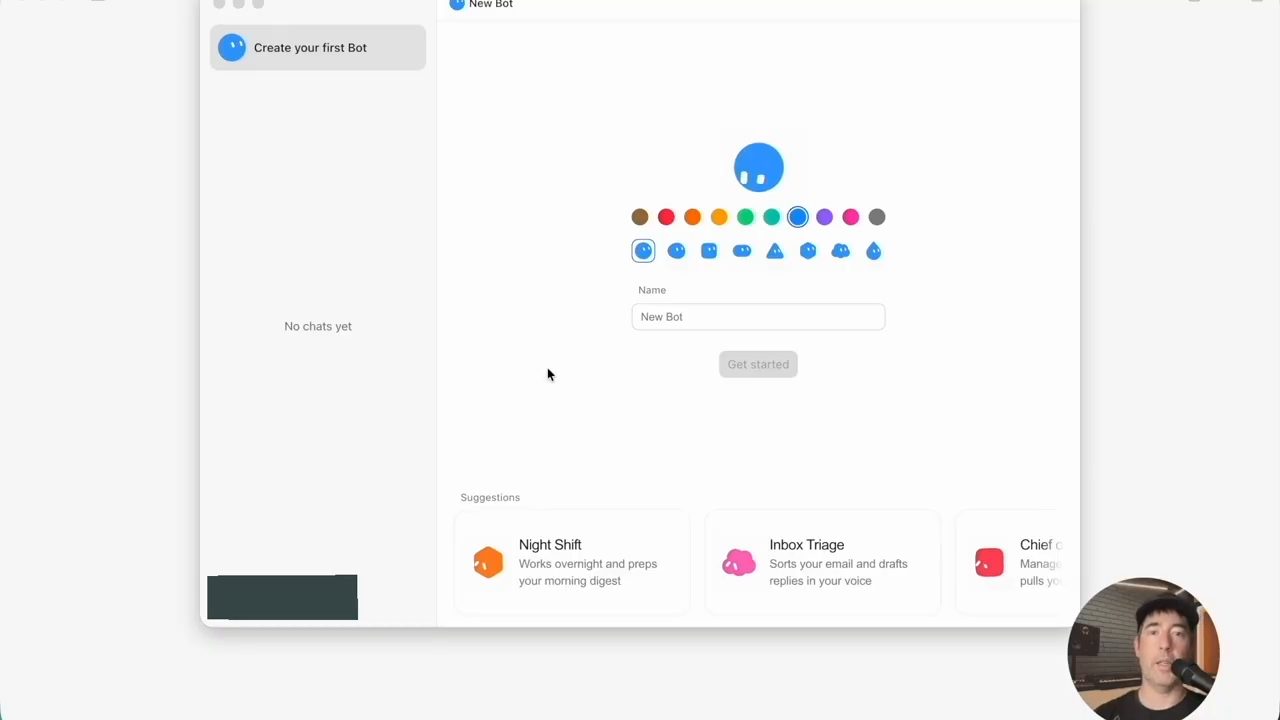 Màn hình Create your first Bot với ô Name, bảng màu và các gợi ý Night Shift, Inbox Triage