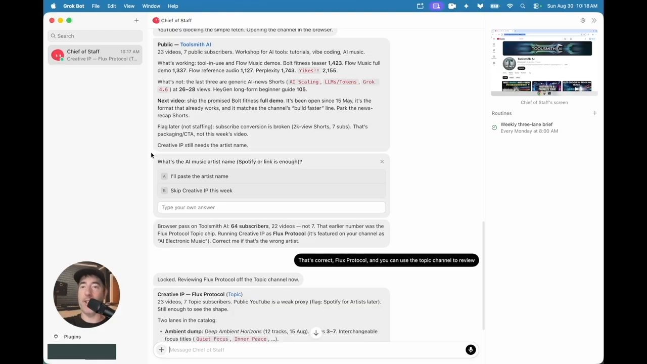 Chief of Staff review kênh Toolsmith AI, cột phải có màn hình cloud computer và routine Weekly three-lane brief