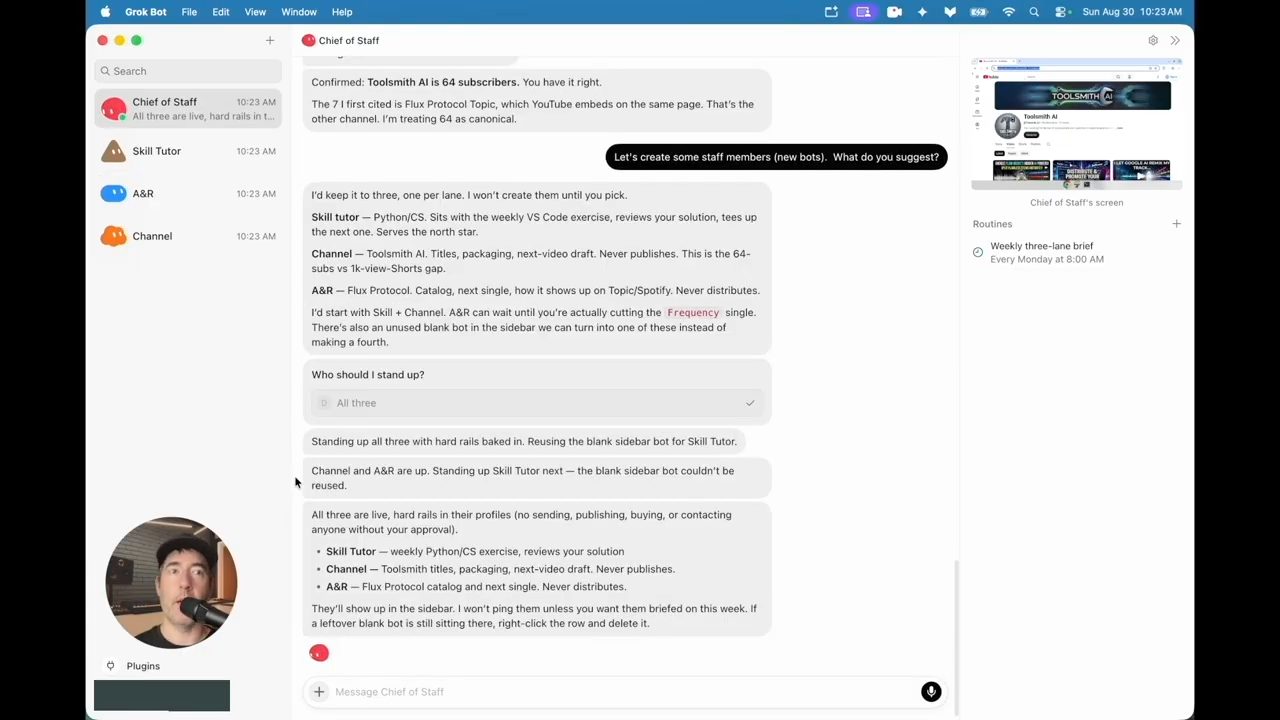 Chief of Staff đề xuất ba bot Skill tutor, Channel, A&R và tạo cả ba