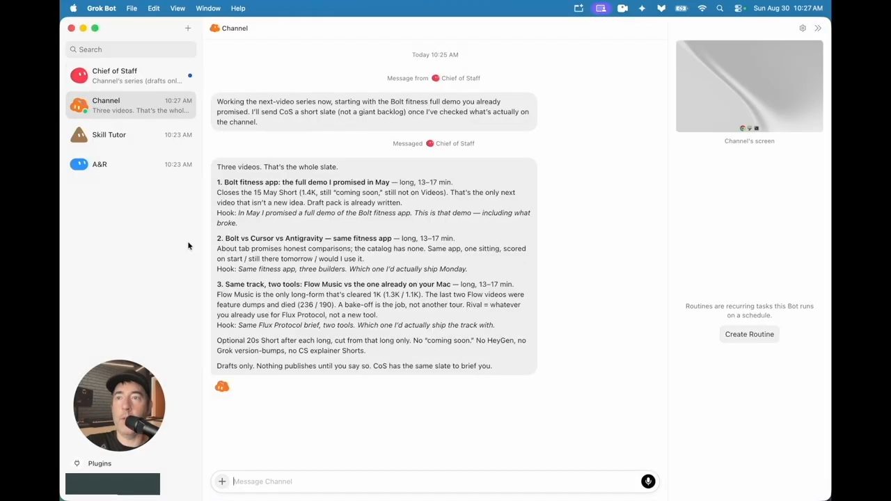 Bot Channel nhận việc từ Chief of Staff và đề xuất ba video