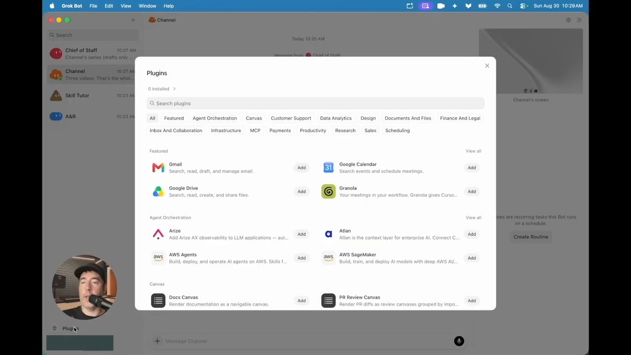 Cửa sổ Plugins của Grok Bot với các nhóm và plugin như Gmail, Google Calendar, Google Drive, Granola