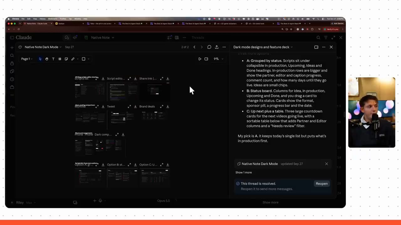 Claude design mode với board Native Note Dark Mode và bảng mô tả ba phương án A, B, C