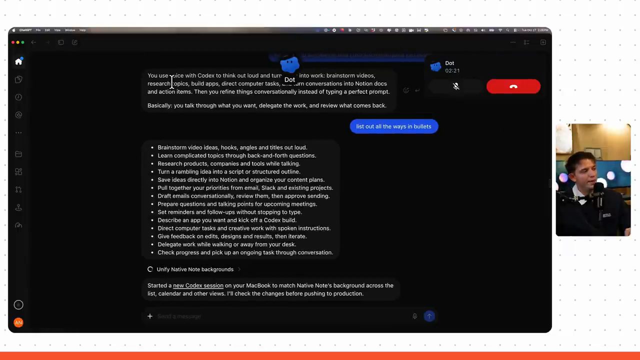 ChatGPT với cuộc gọi Dot, danh sách các cách dùng Codex bằng giọng nói và dòng Unify Native Note backgrounds