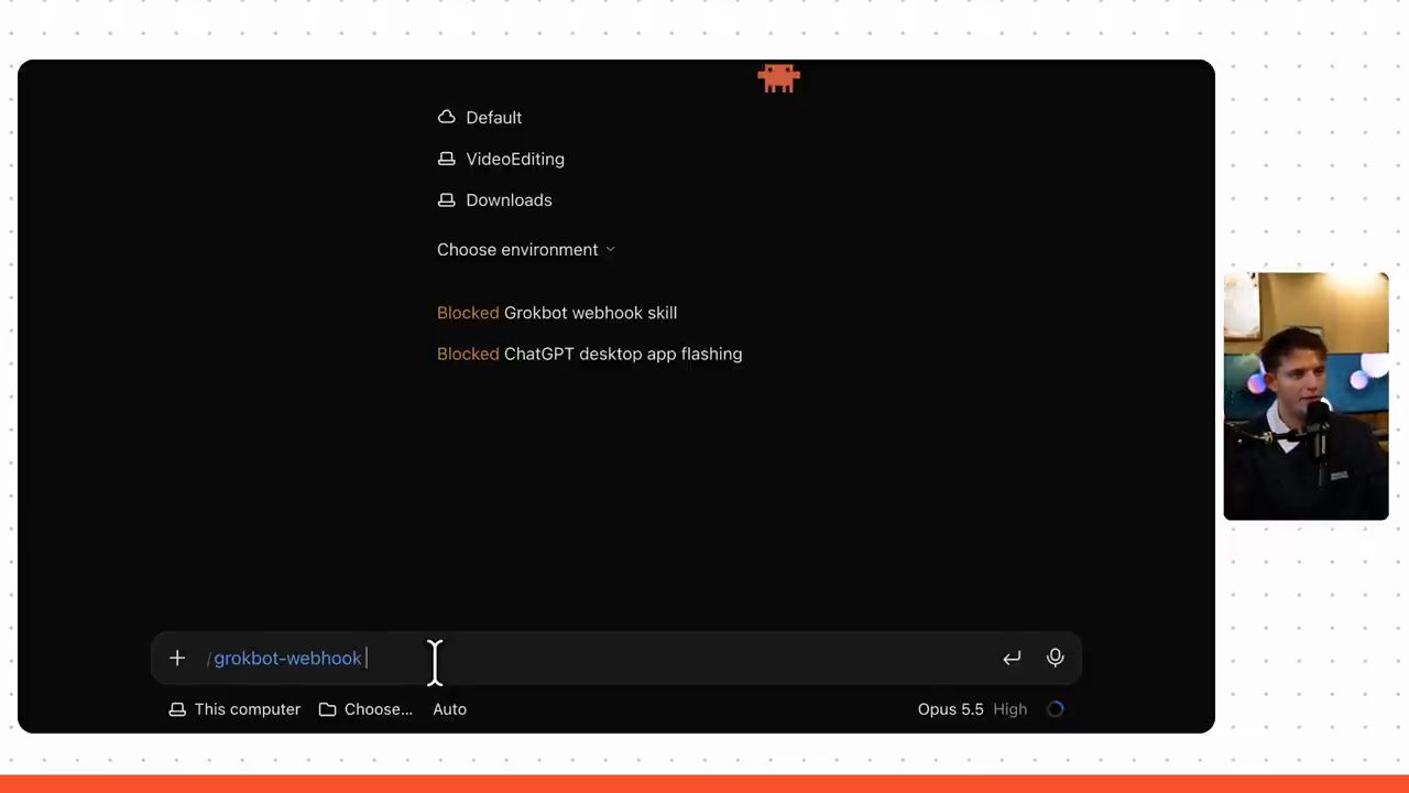 Ô nhập của Claude Code với slash command /grokbot-webhook, máy This computer, model Opus 5.5