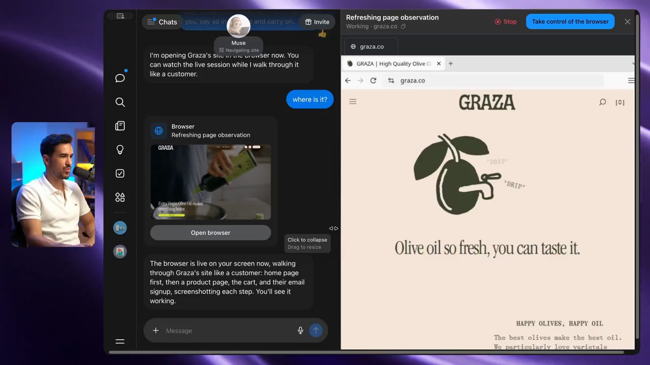 Meta Muse mở trang graza.co trong browser ở panel bên phải