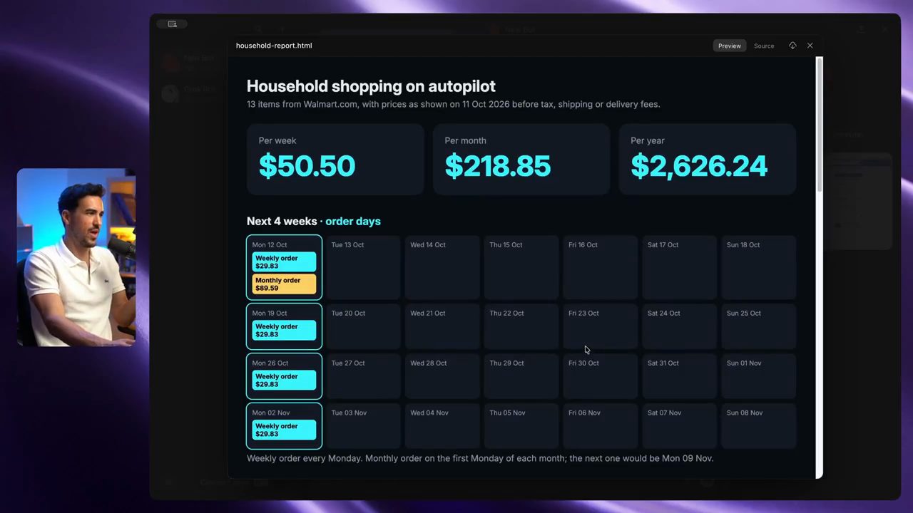 household-report.html của Grok Bot với chi phí và lịch bốn tuần