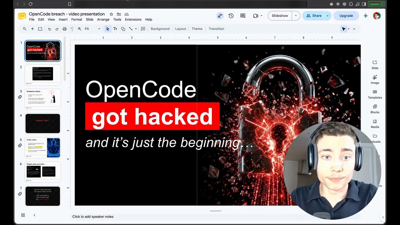 Slide mở đầu: OpenCode got hacked, and it's just the beginning, bên cạnh hình ổ khoá vỡ màu đỏ