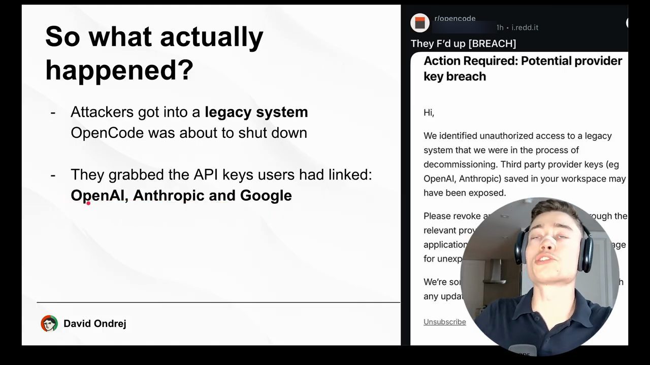 Slide So what actually happened bên cạnh ảnh chụp email Action Required: Potential provider key breach được đăng trên Reddit
