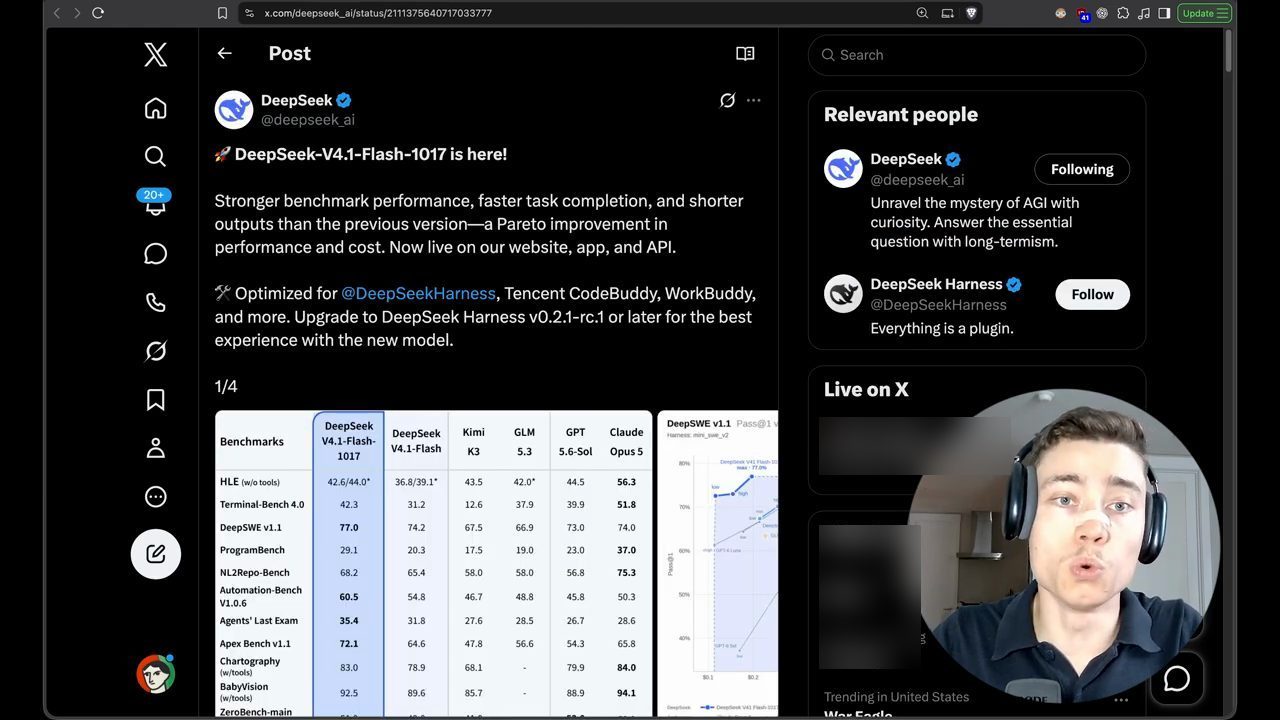 Bài đăng của DeepSeek trên X giới thiệu DeepSeek-V4.1-Flash-1017 kèm bảng benchmark so với Kimi, GLM, GPT và Claude