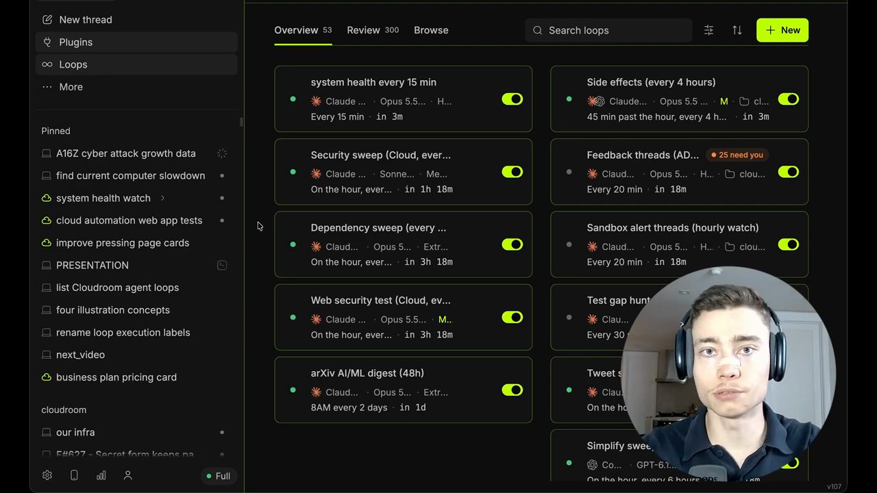 Trang Loops trong công cụ của David với các thẻ loop: system health every 15 min, Security sweep, Dependency sweep, Web security test, Side effects