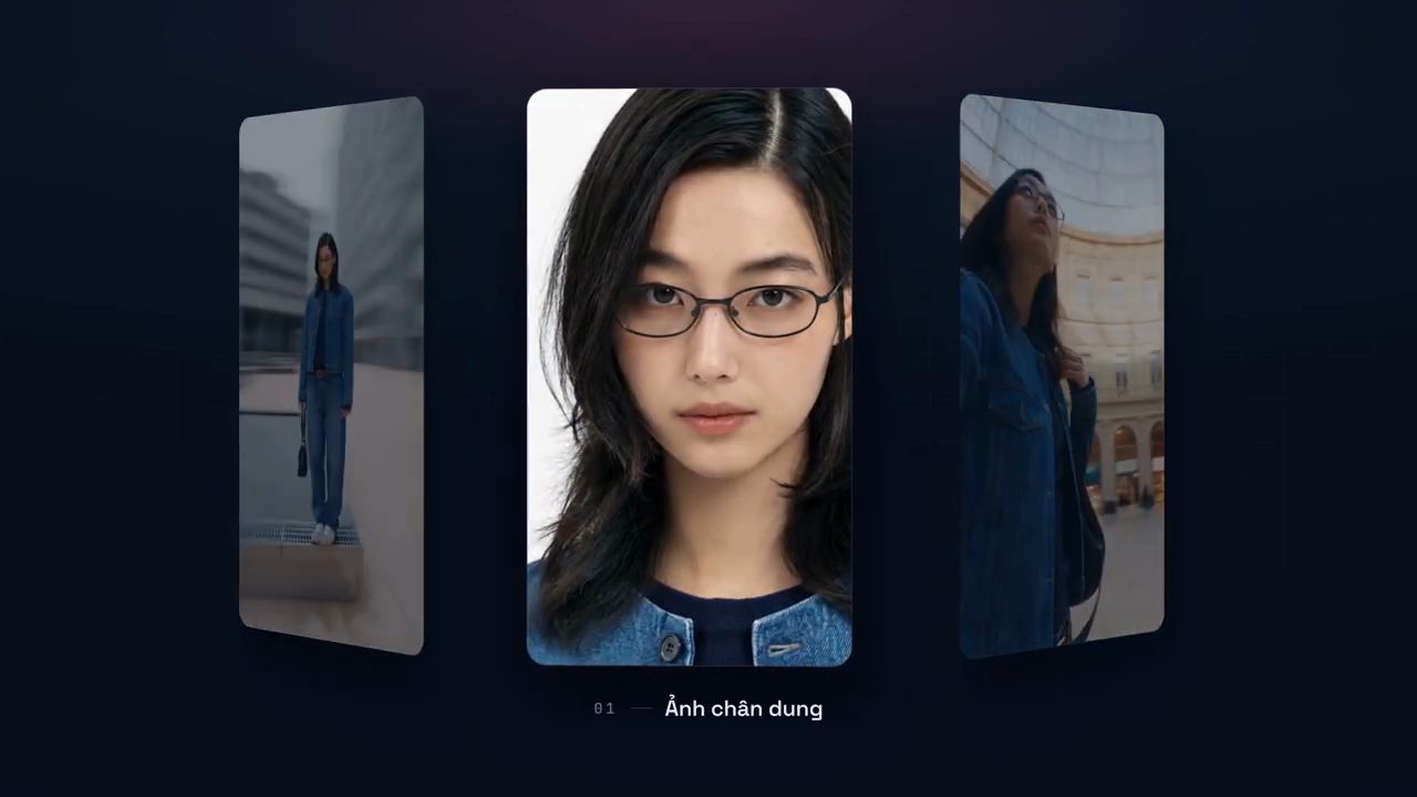 Ba khung hình dọc của cùng một cô gái đeo kính gọng mảnh, áo khoác denim: ảnh chân dung ở giữa, hai bên là ảnh đứng ngoài phố và ảnh trong một sảnh có mái vòm