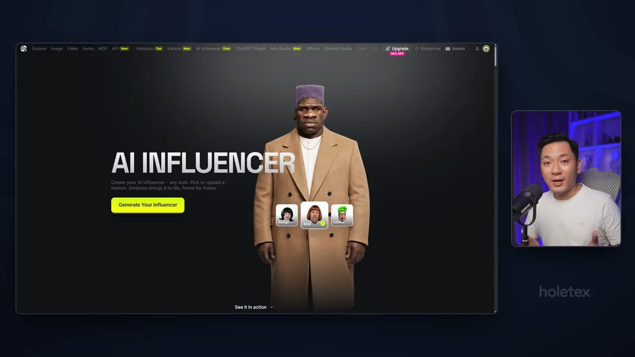Trang AI Influencer của Higgsfield: tiêu đề AI INFLUENCER, dòng mô tả, nút Generate Your Influencer màu vàng, một nhân vật mẫu mặc áo khoác dạ và ba ô Average, Bold, Extreme