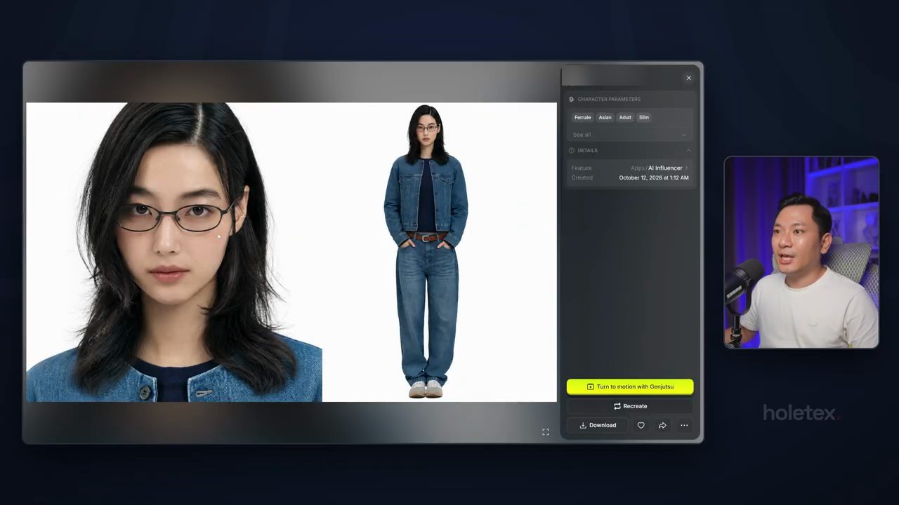 Hai ảnh của Linh: ảnh chân dung cận mặt với kính gọng đen mảnh và ảnh toàn thân mặc áo khoác denim, quần jean; bảng bên phải có Character parameters Female, Asian, Adult, Slim và nút Turn to motion with Genjutsu