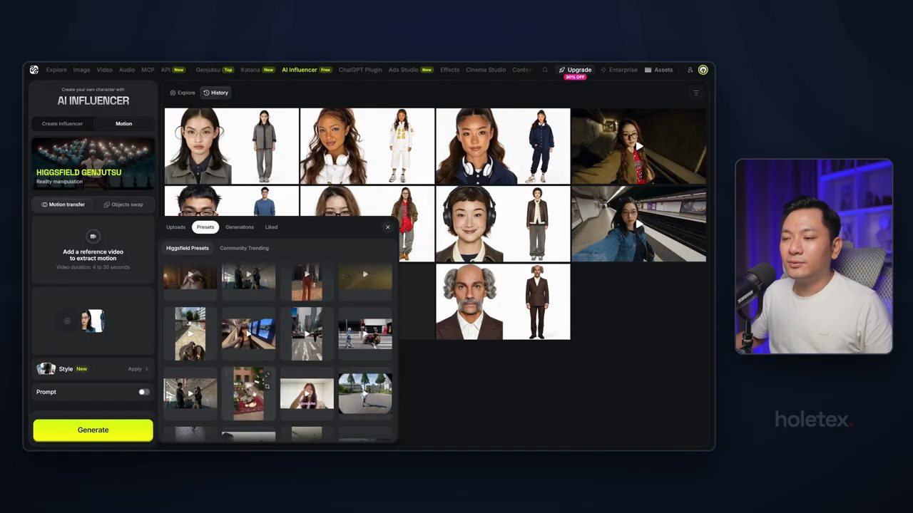 Tab Motion của AI Influencer với nút Motion transfer đang chọn, hộp chọn video mở ở tab Presets, hai mục Higgsfield Presets và Community Trending, lưới video mẫu