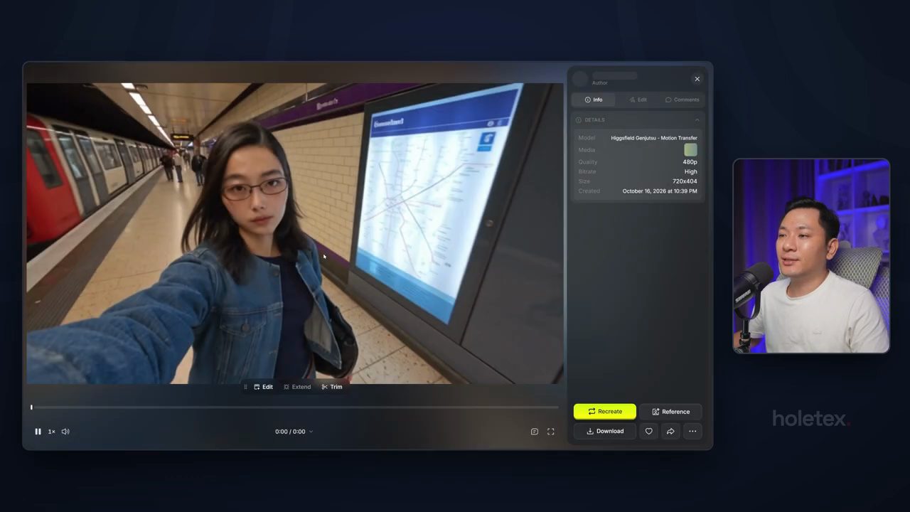 Video kết quả: Linh cầm máy quay selfie ở sân ga tàu điện ngầm, cạnh một bảng bản đồ tuyến; bảng Details bên phải ghi Model Higgsfield Genjutsu - Motion Transfer, Quality 480p, Size 720x404