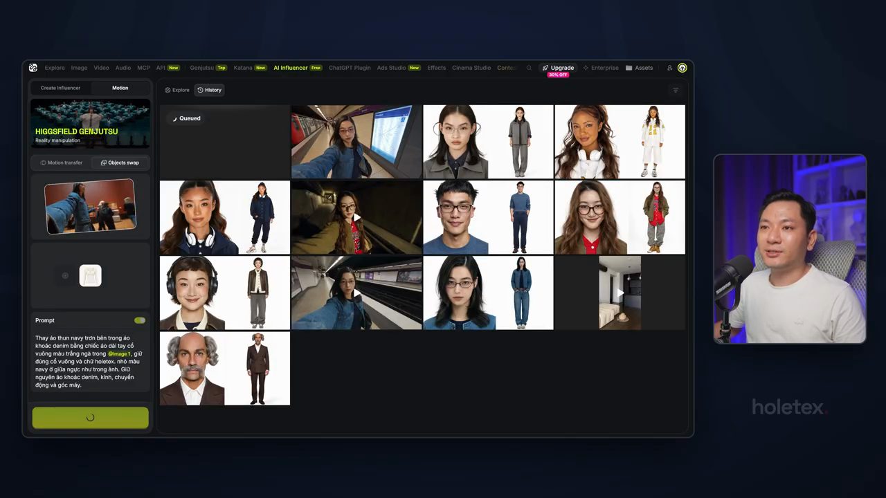 Tab Motion với Objects swap, video tham khảo Linh trong bảo tàng, chiếc áo trắng trong ô sản phẩm, công tắc Prompt bật và đoạn prompt tiếng Việt; ô thứ nhất bên phải đang Queued
