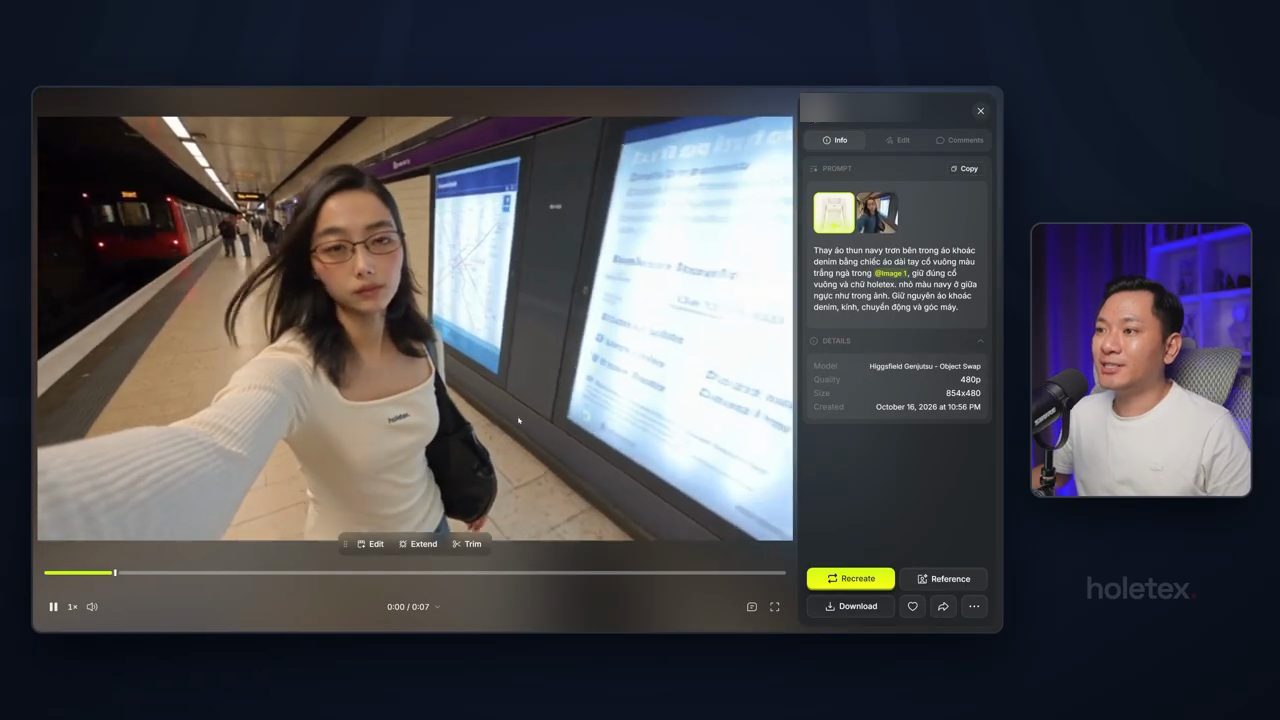 Video kết quả: Linh selfie ở sân ga tàu điện ngầm, mặc áo dài tay cổ vuông màu trắng ngà có chữ holetex, đeo kính; bảng bên phải có ô Prompt và Details: Higgsfield Genjutsu - Object Swap, 480p, 854x480