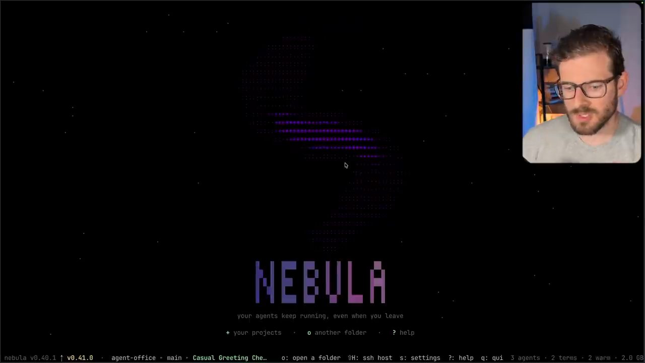Màn hình splash của Nebula với chữ NEBULA và dòng your agents keep running, even when you leave