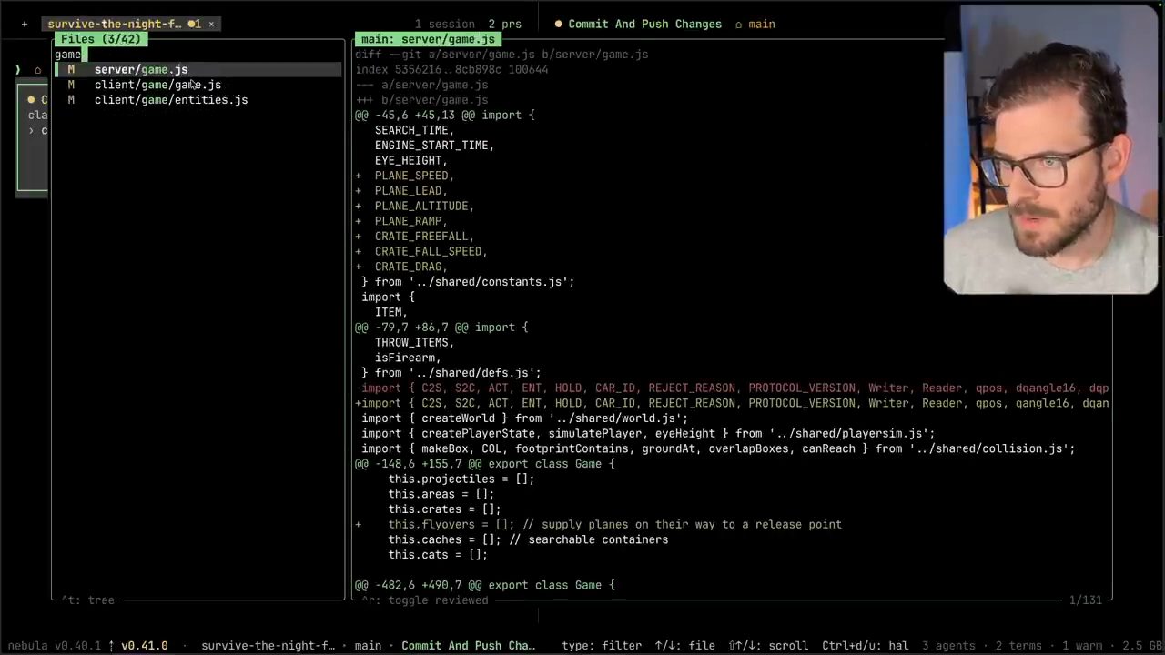 Trình xem diff của Nebula: danh sách file đã lọc theo chữ game bên trái, diff của server/game.js bên phải