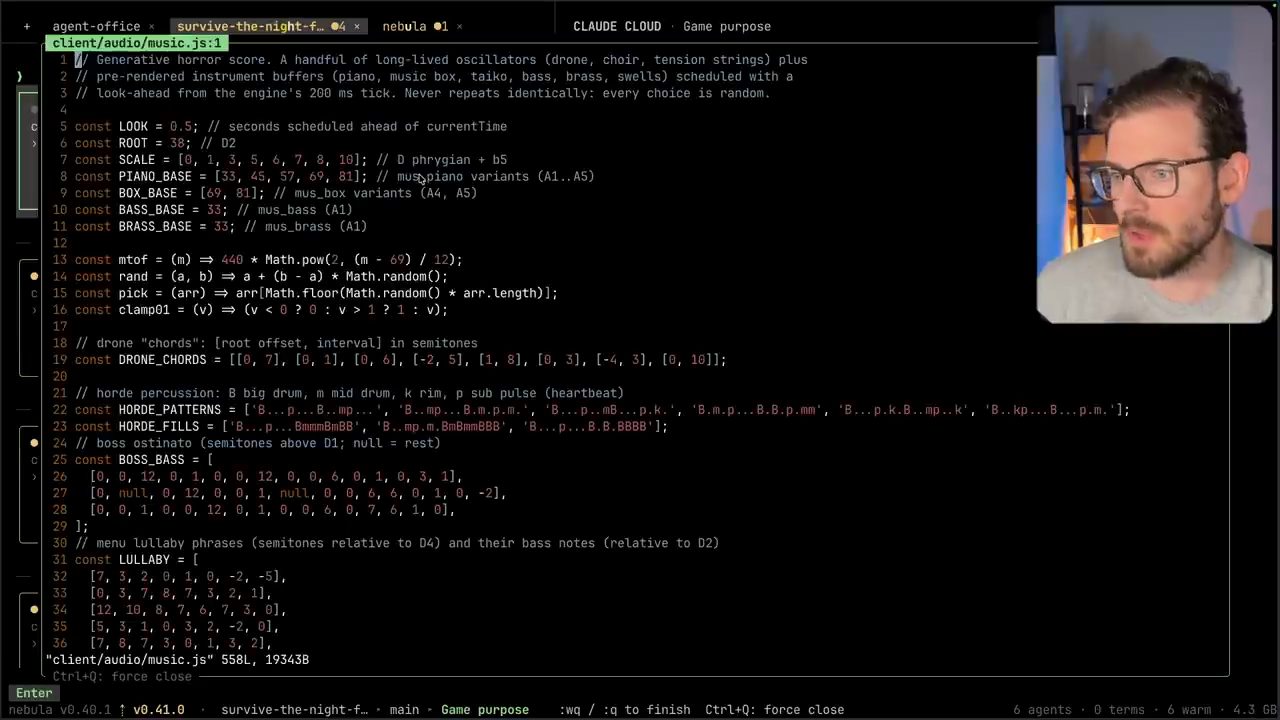 File client/audio/music.js mở trong Vim bên trong Nebula
