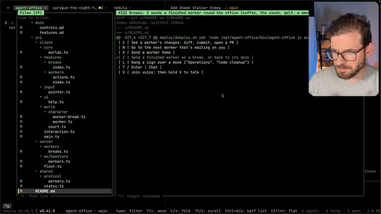 Diff của một pull request trong project agent-office, cây file thay đổi bên trái và diff README bên phải