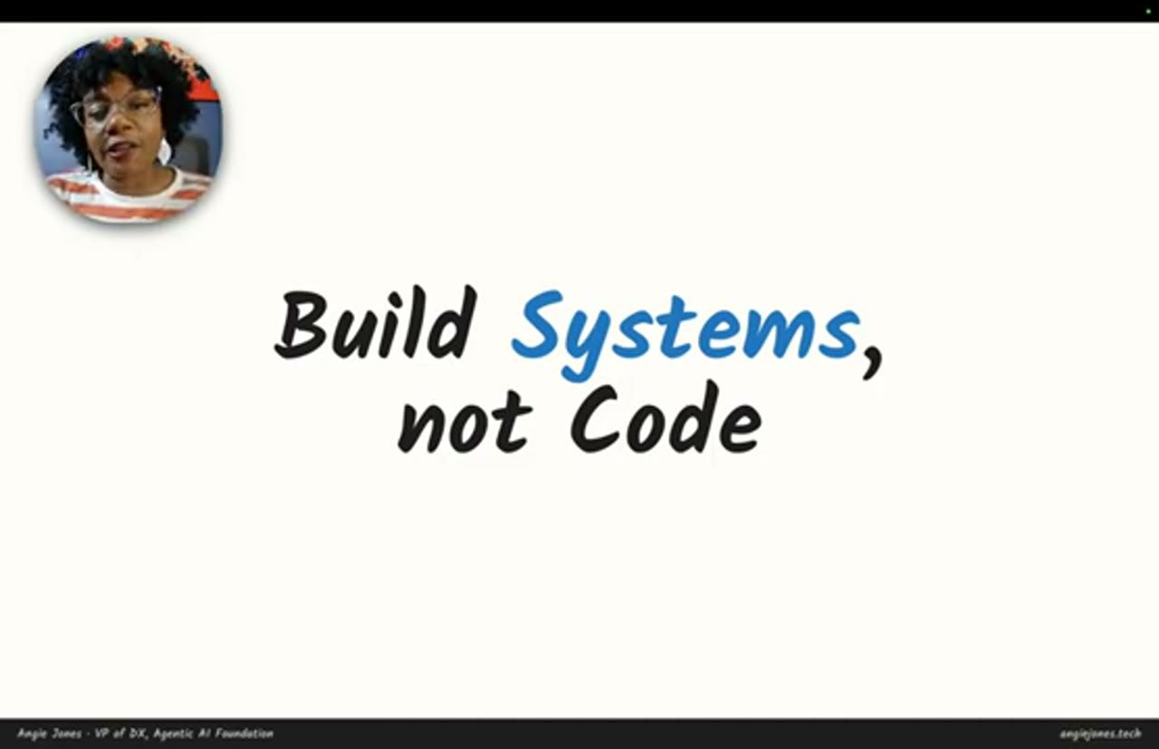 Slide tiêu đề Build Systems, not Code, Angie Jones ở góc trái
