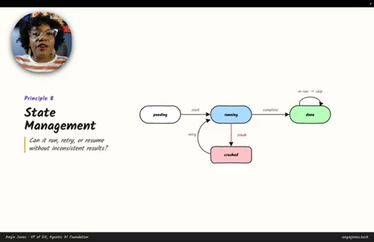 Slide Principle 8: State Management với state machine pending, running, done, crashed