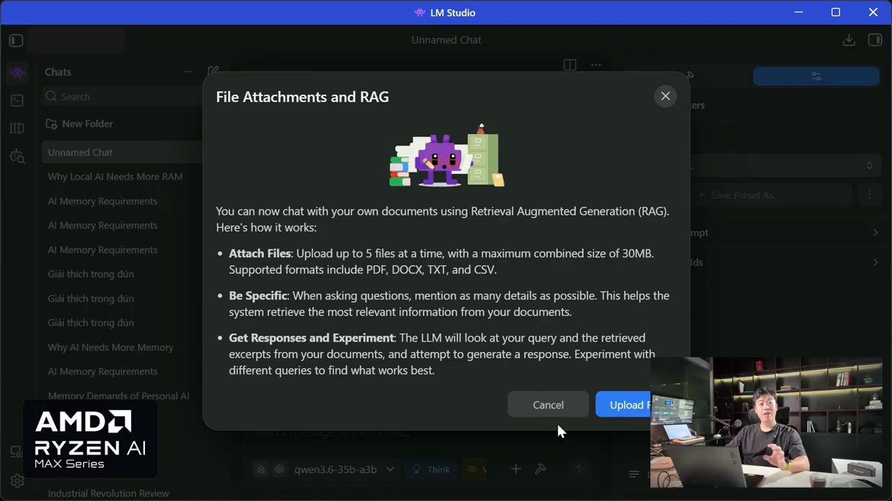 Bảng File Attachments and RAG trong LM Studio